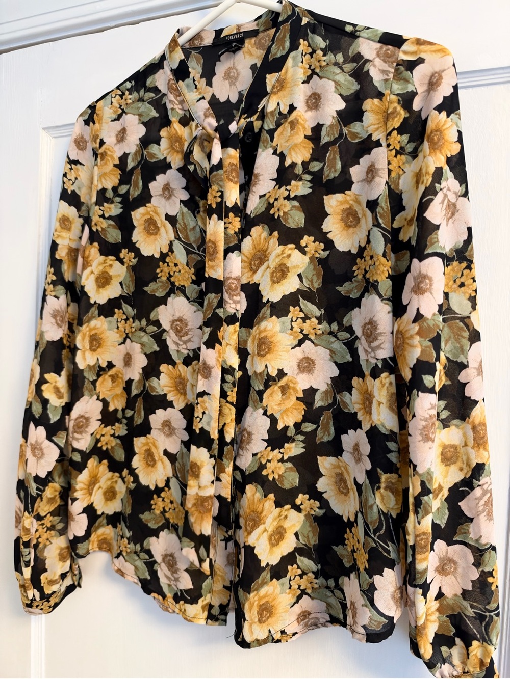 Forever 21 Black Floral Tie-Front Blouse - Size Small